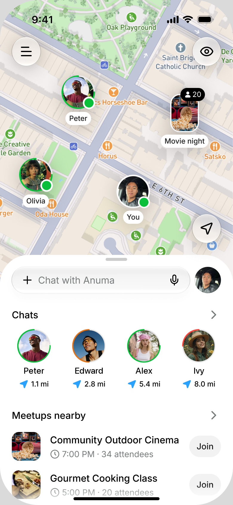 Anuma home map with chats and meetups nearby