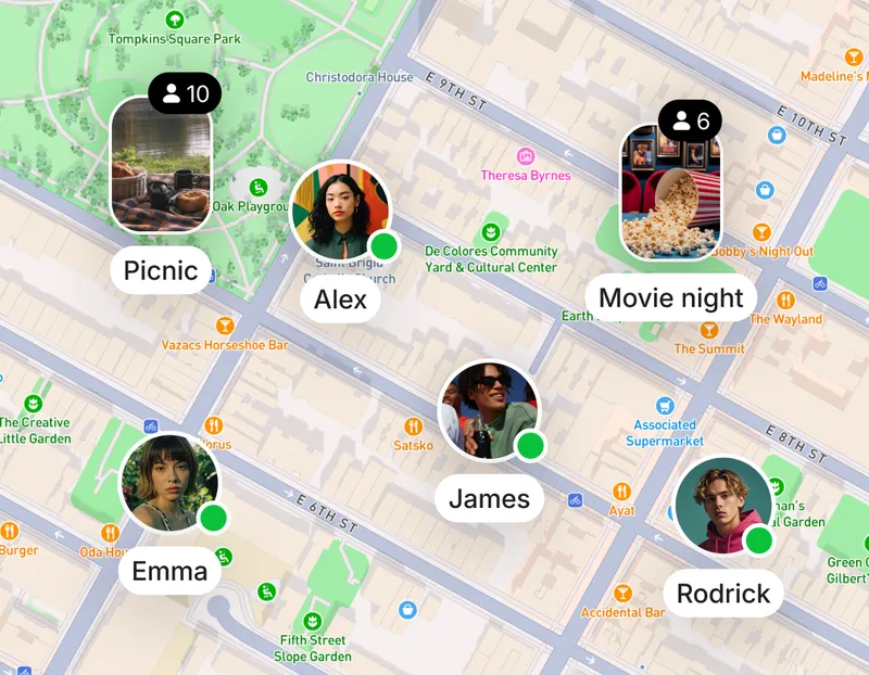 The Nearby map of the East Village with people and meetups pinned